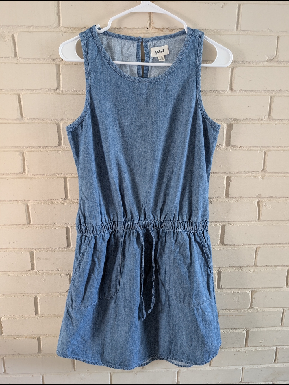 PACT S Blue Denim Chambray Tank Dress In 100% Organic Cotton Drawstring Waist